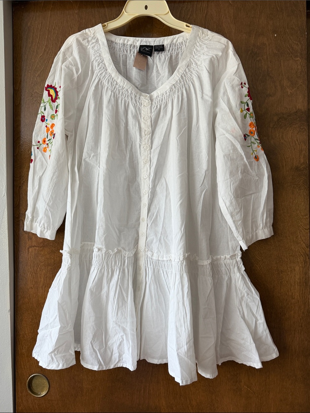 White Embroidered Cotton Tunic Top with Floral Sleeves